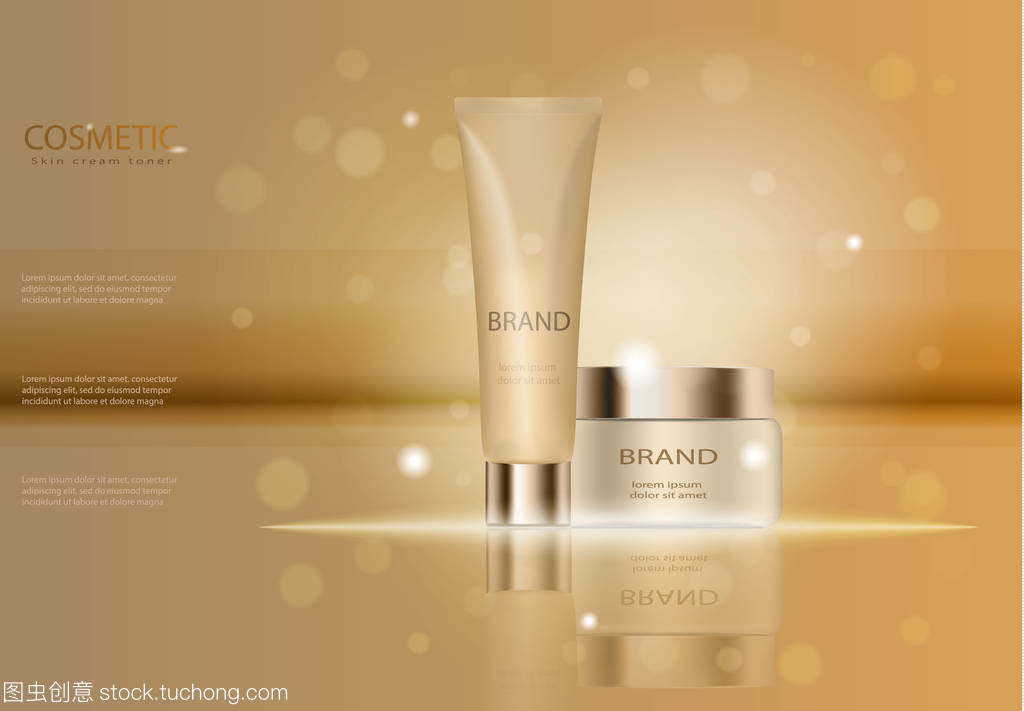 優雅的化妝品。綠松石奶油面具瓶隔離帶亮片。皮膚調色劑廣告模板、 化妝品產品海報、 保濕霜或液體瓶包裝設計。3d 矢量圖